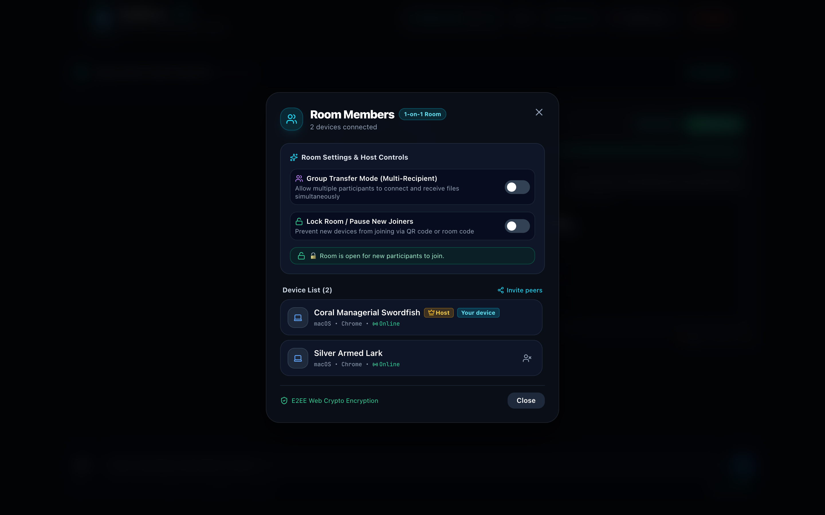 Room Members & Host Controls Modal (Group Transfer Mode, Lock Room, and Connected Peers List)