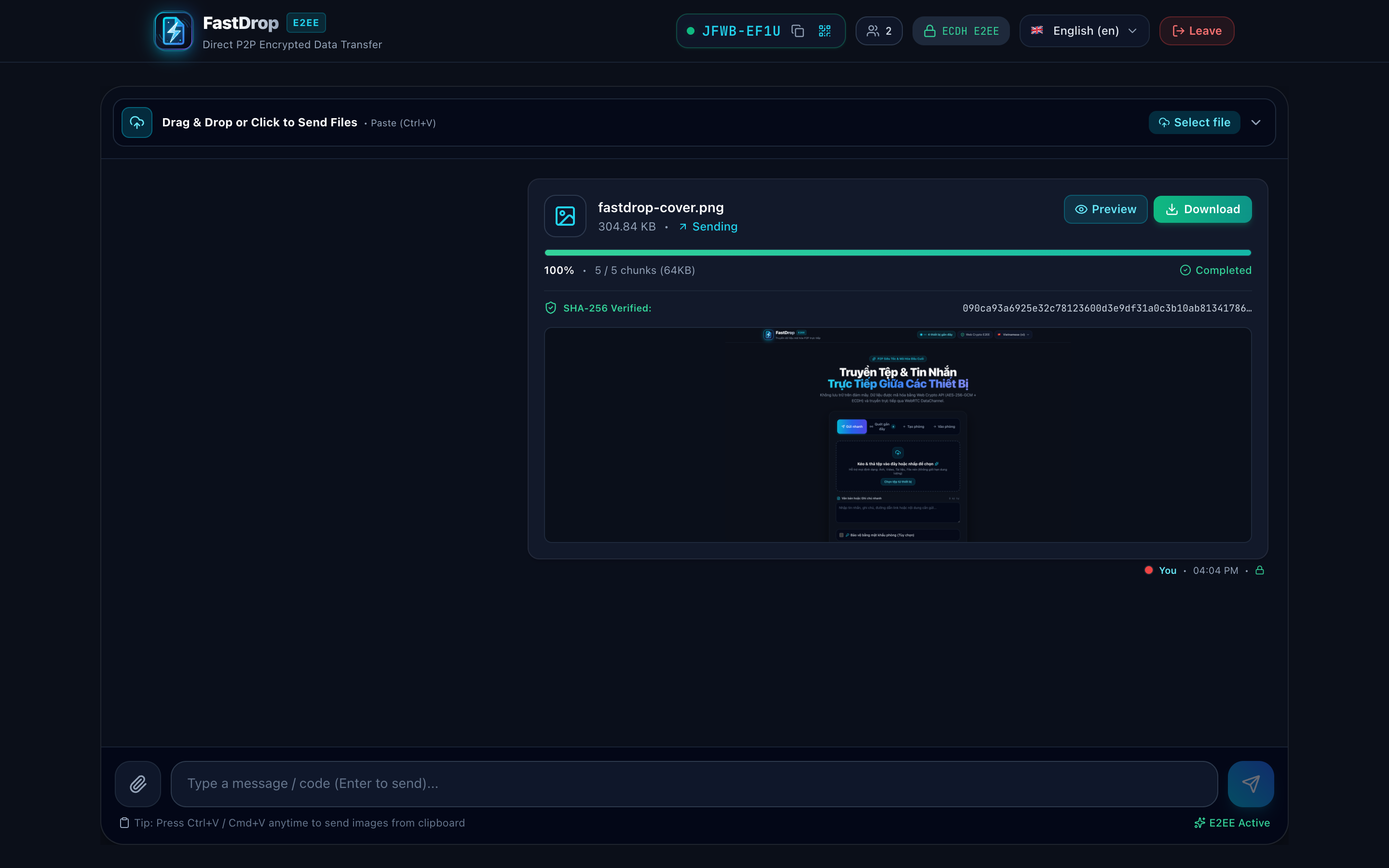 Real-time P2P Transfer Room — Live File Chunk Streaming, SHA-256 Checksum, and E2EE Chat