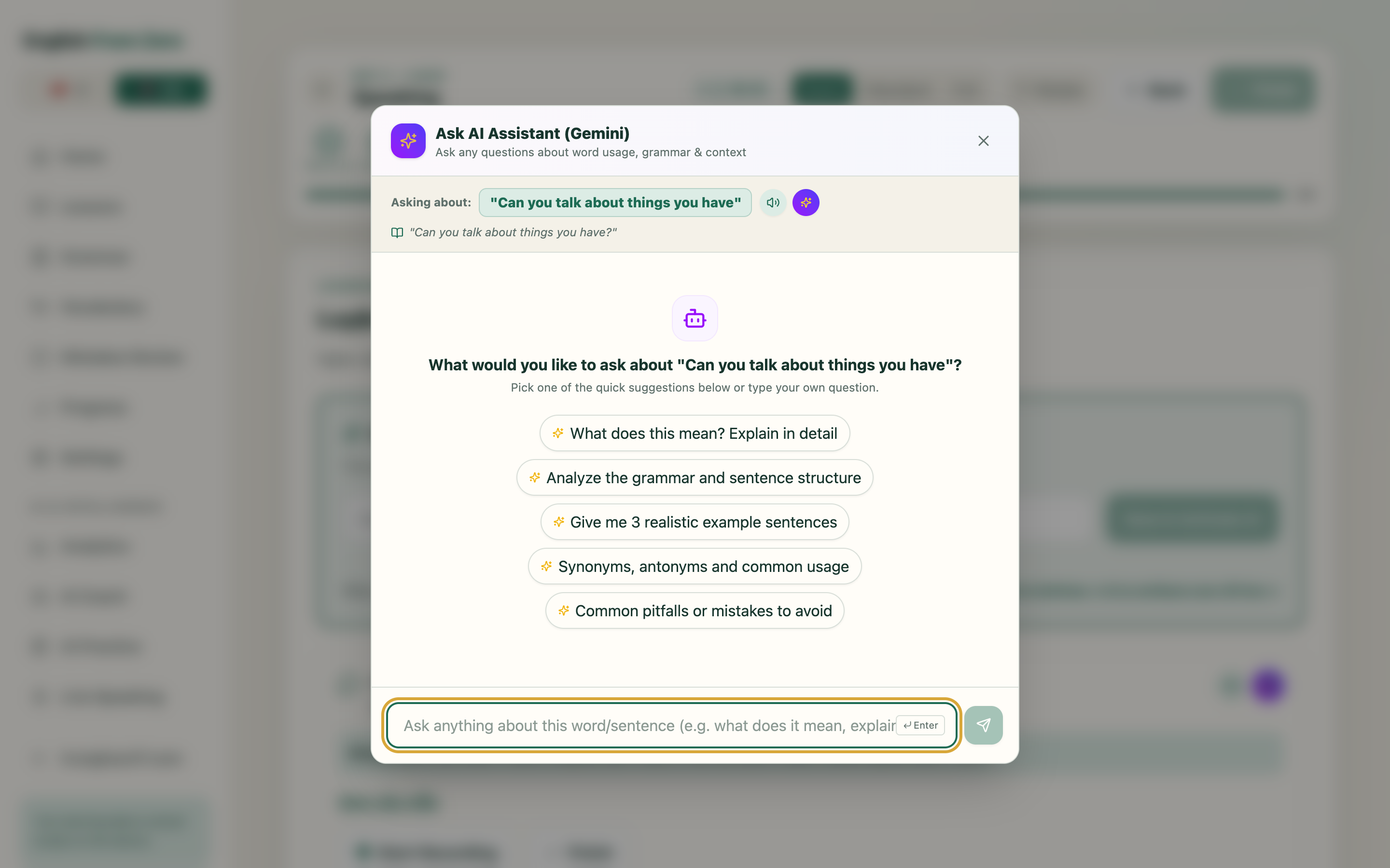 Ask AI Assistant (Gemini) Modal — In-depth grammar, context, and usage explanations