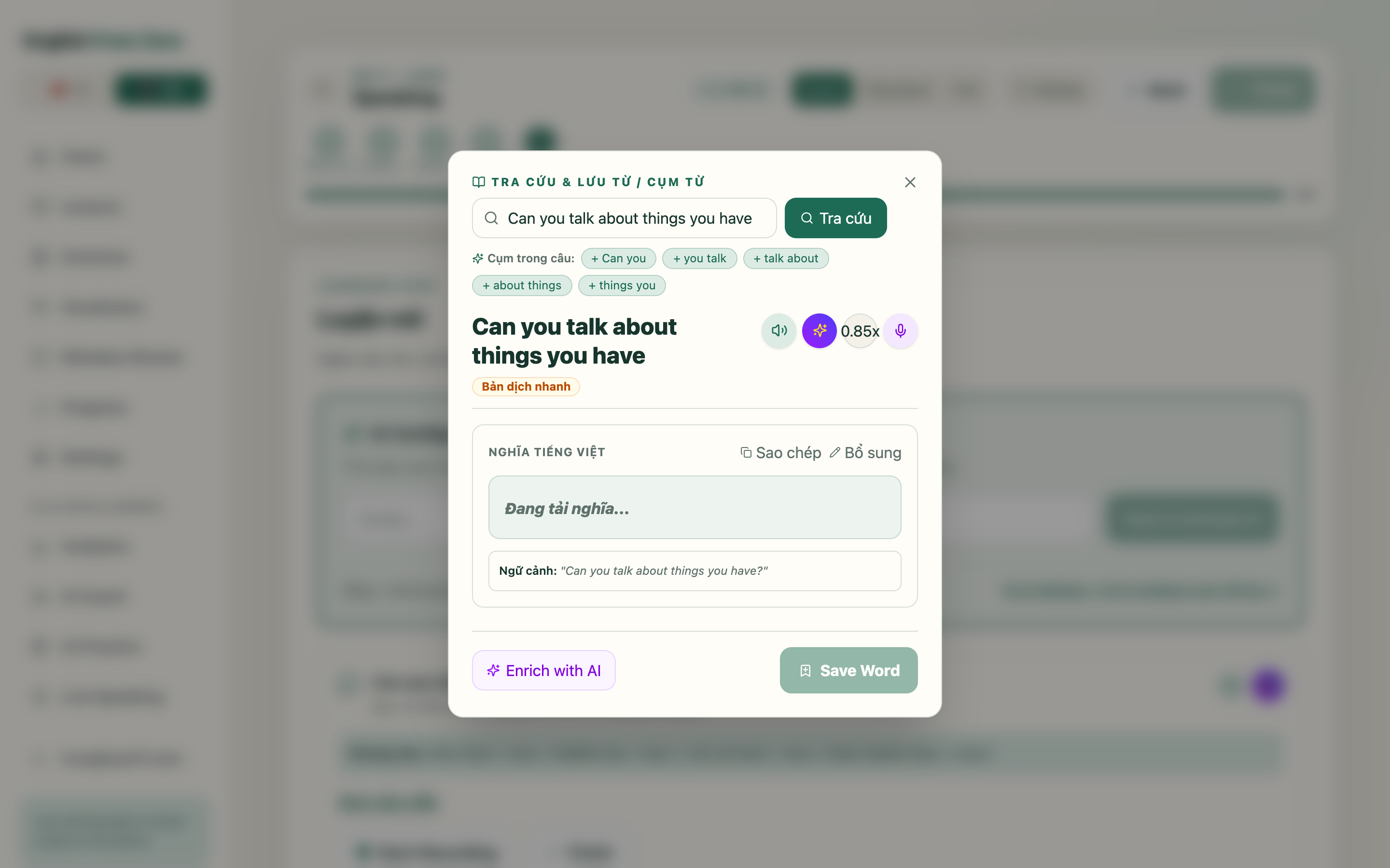 Dictionary Lookup & Save Modal — Phrase analysis and instant SRS deck integration