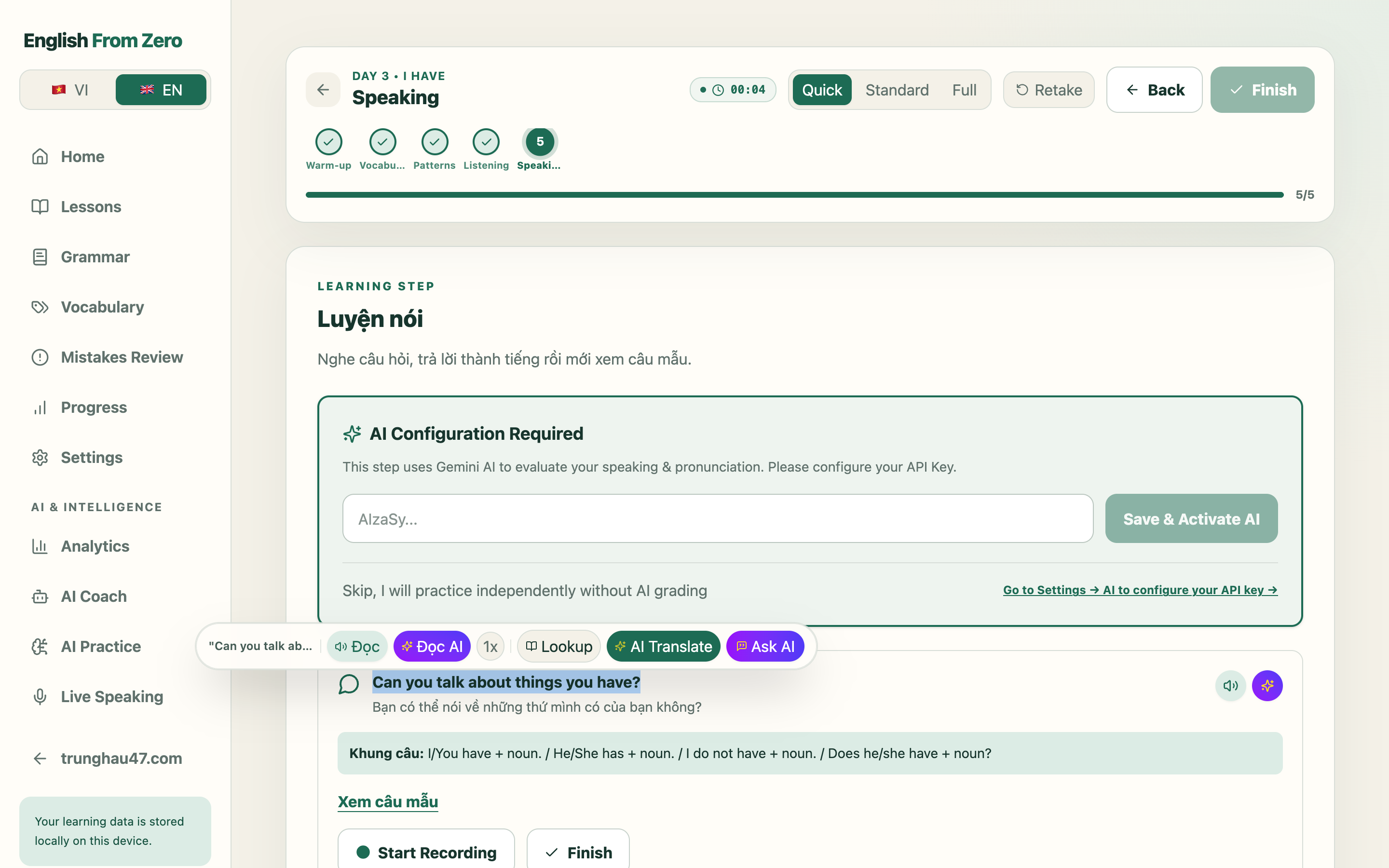 Smart floating toolbar appearing instantly upon text selection anywhere on the site